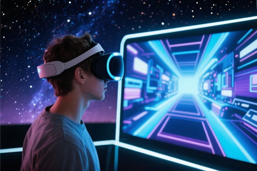 一位年轻人在虚拟现实设备前沉浸于未来感十足的数字娱乐世界，背景为璀璨星空