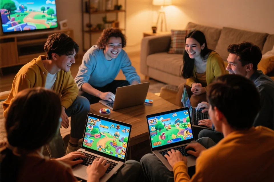 多人在客厅中围坐，使用笔记本电脑一起游戏，屏幕上显示着丰富的游戏场景，气氛欢快