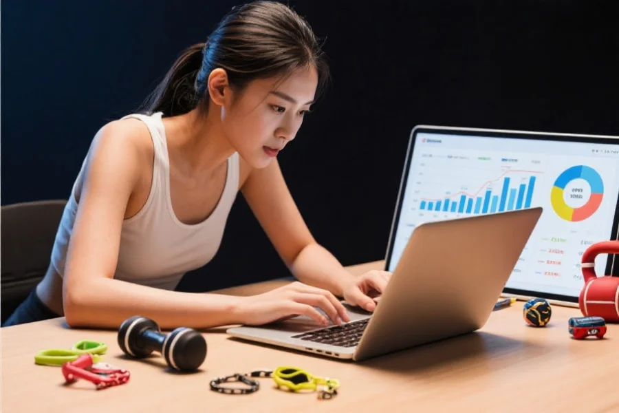 一位年轻女性专注地在笔记本电脑前分析运动数据图表，旁边有运动相关的小饰品
